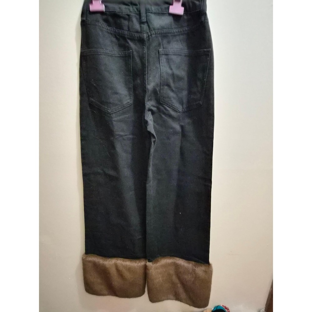 WeWoreWhat Black Denim Jeans Faux Fur Cuffs High Waisted Straight Leg Size 24